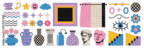 Retro with vases flowers and statues