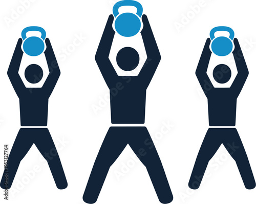 Three dark blue stylized figures performing overhead kettlebell swings, fitness workout vector icon