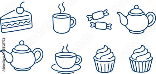 Set of 8 outline vector icons for cafe, bakery, and dessert menus featuring cake, coffee, tea, and cupcakes