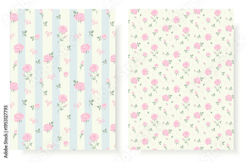 Collection of two delicate seamless floral patterns. Features pink roses, buds, leaves, bows, and light blue stripes. Shabby chic vintage style vector backgrounds for nursery textile, wedding print