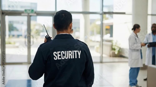 Male Security Guard with Radio Walking in Modern Hospital Lobby