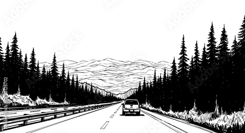Monochrome vector graphic of a lone car traveling on a long, winding highway through a forest.