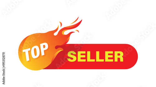 Vibrant top seller promo label with fire flame element for retail marketing and ecommerce bestsellers