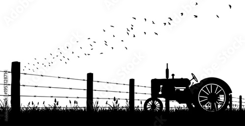 Vintage farm tractor silhouette illustration with birds flying over a barbed wire fence in rural landscape.