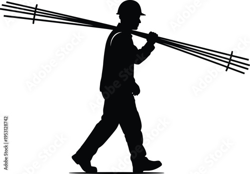 Vector silhouette of a construction worker carrying rebar