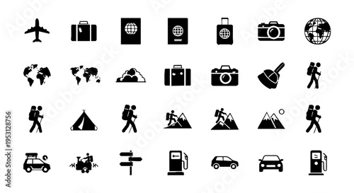 Modern minimalist vector illustration featuring a diverse set of travel, exploration, and outdoor adventure icons