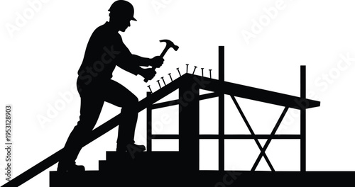 Vector silhouette of construction worker building roof framework
