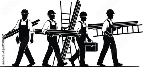 Vector silhouette of construction workers carrying ladders and tools