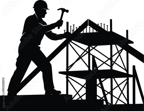 Vector silhouette of a construction worker building a house with a hammer