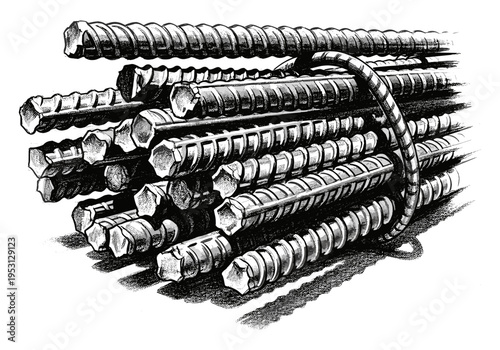 Bundle of steel rebar rods tied together with a metal band, ready for construction projects