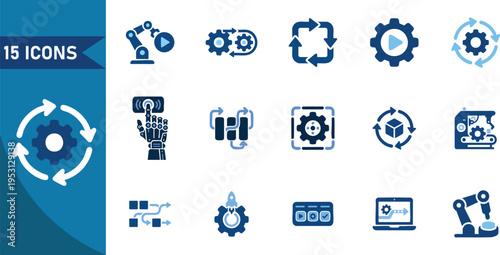 Set of 15 industrial icons vector, blue, gear, robotics, manufacturing