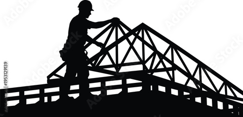Vector silhouette of construction worker on roof truss