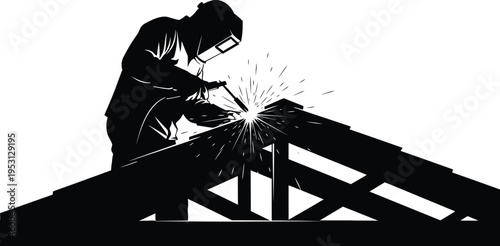 Vector silhouette of construction worker welding on roof truss