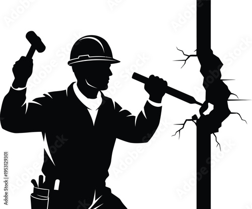 Vector silhouette of a construction worker with hammer and chisel
