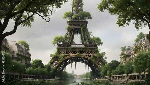 A serene Eiffel Tower with lush greenery