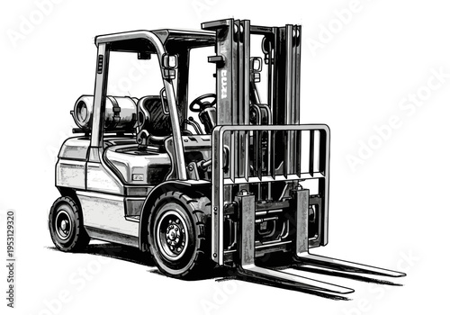 Industrial forklift truck illustration in a monochrome sketch style, ready for heavy lifting