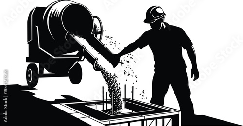 Vector silhouette of construction worker operating concrete mixer