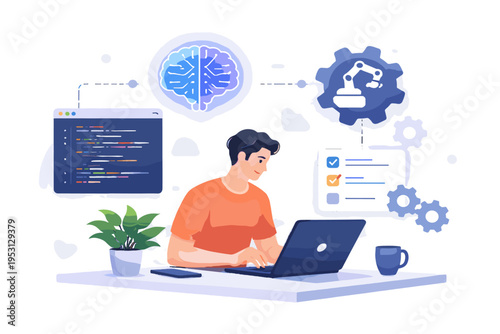 Developer simple image flat design automation generation workflow code vector cute illustration icon ai