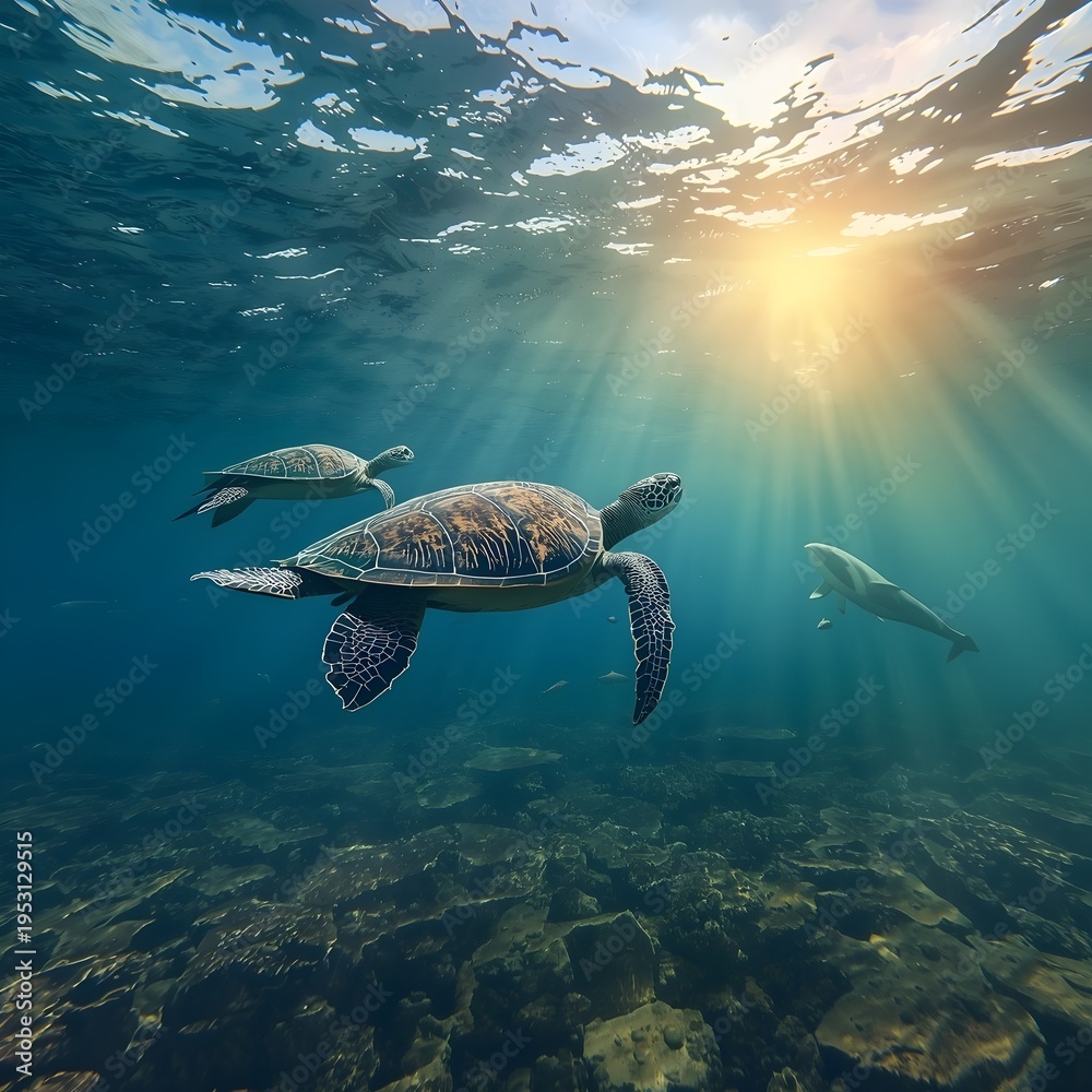 Obraz premium Majestic Sea Turtle Swimming Gracefully in Clear Ocean Water with Dramatic Sunlight Rays Photography