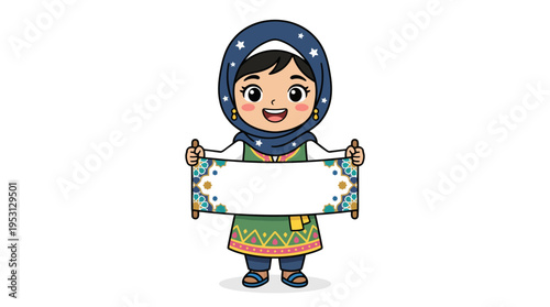 A smiling girl wearing a headscarf holds a sign in a colorful outfit standing indoors.