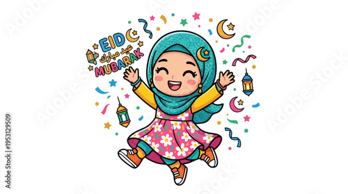 A joyful girl wearing a blue hijab celebrates with colorful confetti and decorations around her.