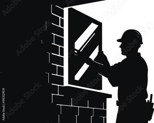 Vector silhouette of construction worker installing window frame