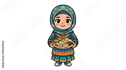 A young girl wearing a headscarf holds a plate of food standing indoors