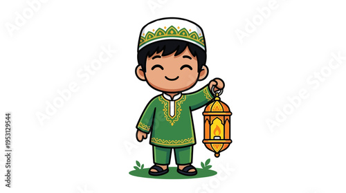 A young boy in traditional attire holding a lantern outdoors smiling