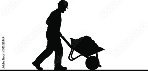 Vector silhouette of a construction worker pushing a wheelbarrow