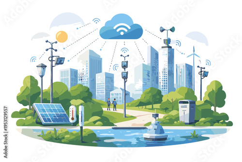 Soft shadow sensors cartoon style smart network vector simple generation city image icon environmental