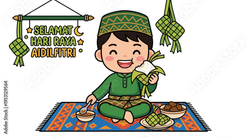 A young boy in traditional attire sits on a colorful mat eating a meal with a sign that says Selamat Hari Raya Aidilfitri in a festive setting.