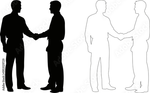 Two businessmen silhouettes shaking hands, representing partnership and agreement, on a transparent background