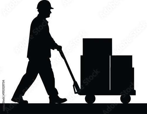 Silhouette of vector construction worker pushing a loaded cart