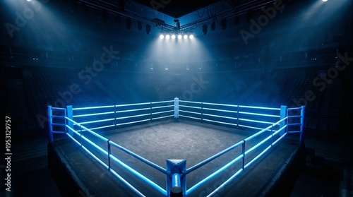 An empty boxing ring, illuminated by blue lights within a darkened arena—awaiting a bout.