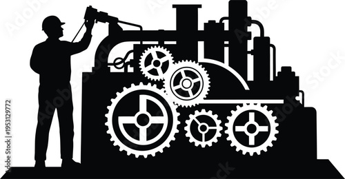 Vector silhouette of construction worker operating heavy machinery