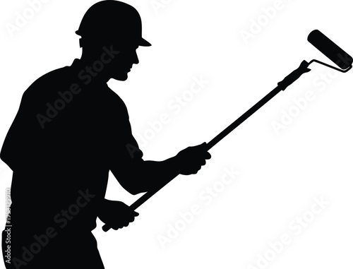 Vector silhouette of a construction worker with a broom