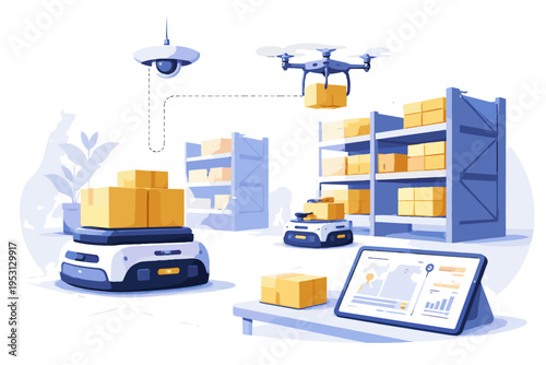 Cute illustration robot logistics flat design image bold outline icon warehouse generation simple smart system