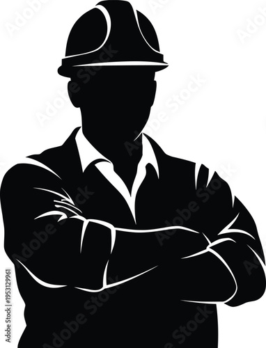 Vector silhouette of a confident construction worker in hard hat