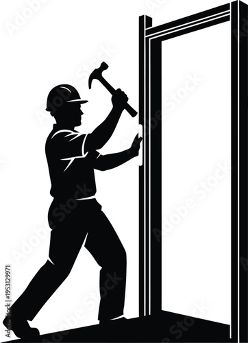 Vector silhouette of construction worker installing door frame with hammer