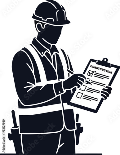 Vector silhouette of a construction worker reviewing documents