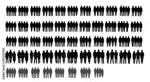Uniformed figures arranged in a grid formation on a monochromatic background