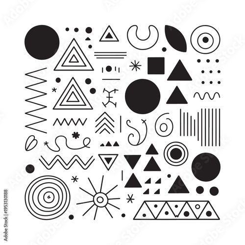 Abstract black and white geometric shapes and lines in a playful arrangement