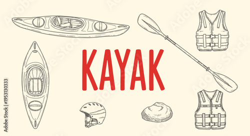 Kayaking equipment and accessories illustration.