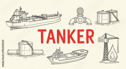 Oil tanker ship and industrial equipment.