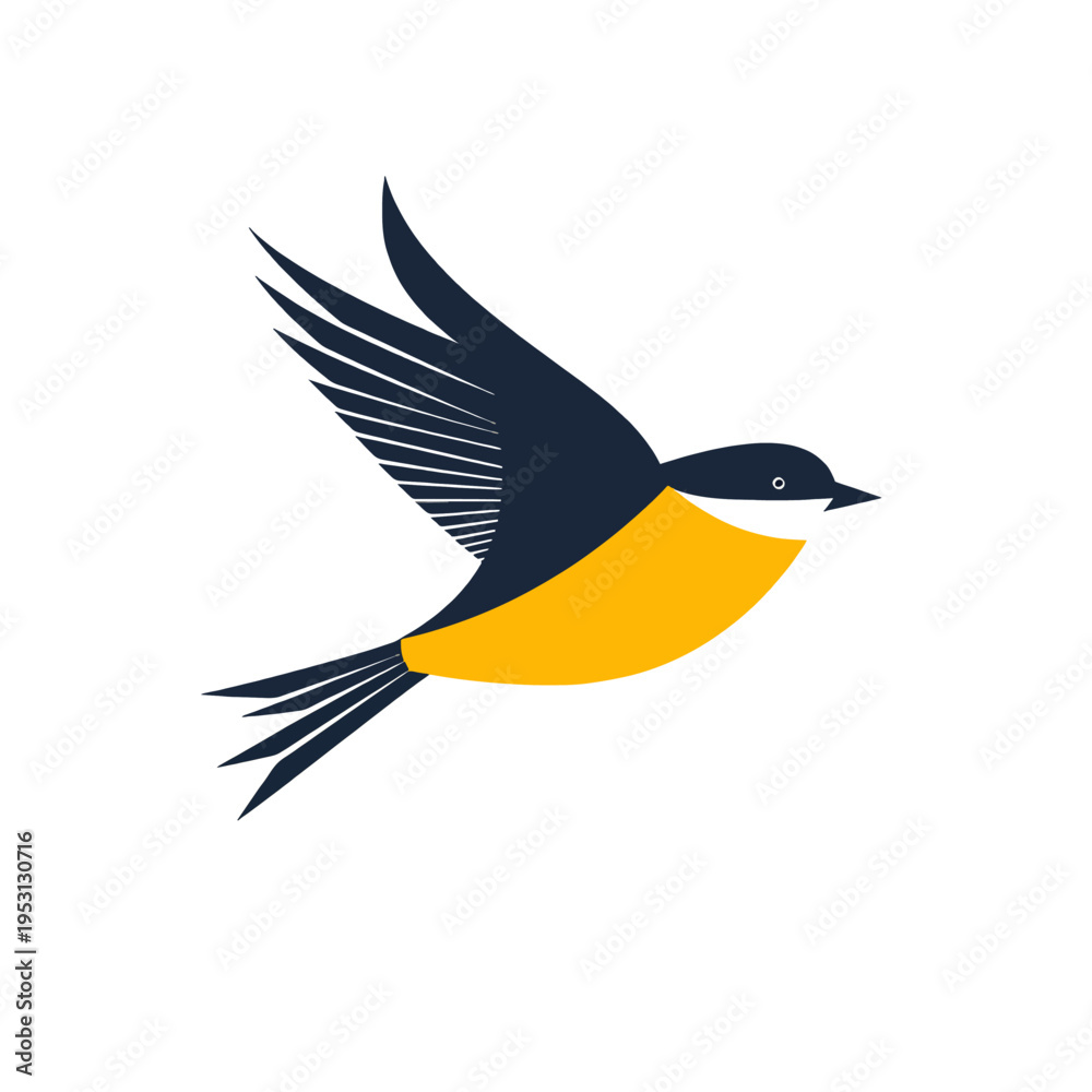 Fototapeta premium Stylized bird flying with wings spread, yellow and dark blue colors, simple graphic design, concept of freedom, nature, and movement