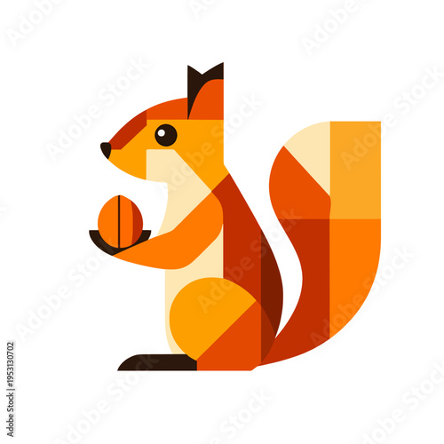 Geometric squirrel holding nut, abstract animal illustration with warm colors, modern graphic design concept for nature and autumn themes