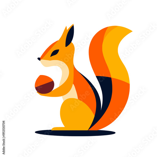Stylized orange squirrel holding nut, geometric abstract art, autumn concept, graphic design, vector illustration, cute animal, nature, wildlife, food, storage, winter preparation, fall season, vibran