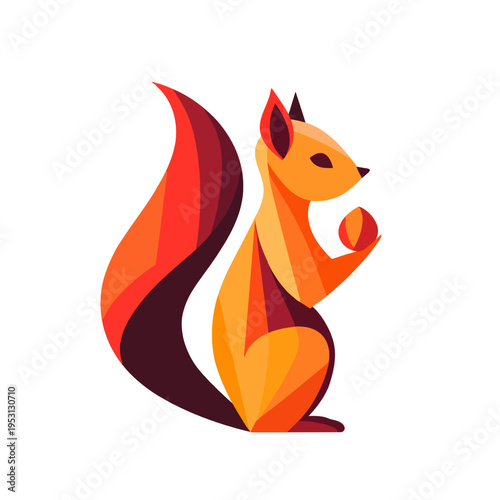 Stylized squirrel holding nut, abstract geometric illustration with warm autumn colors, modern graphic design for nature and wildlife concepts