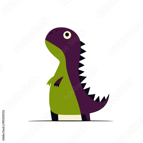 Cute cartoon dinosaur standing, purple and green, with big eyes and spikes, isolated on white background Playful, friendly, and whimsical character for childrens themes, educational content, and graph