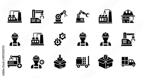 Collection of icons representing various industrial and manufacturing professions and equipment